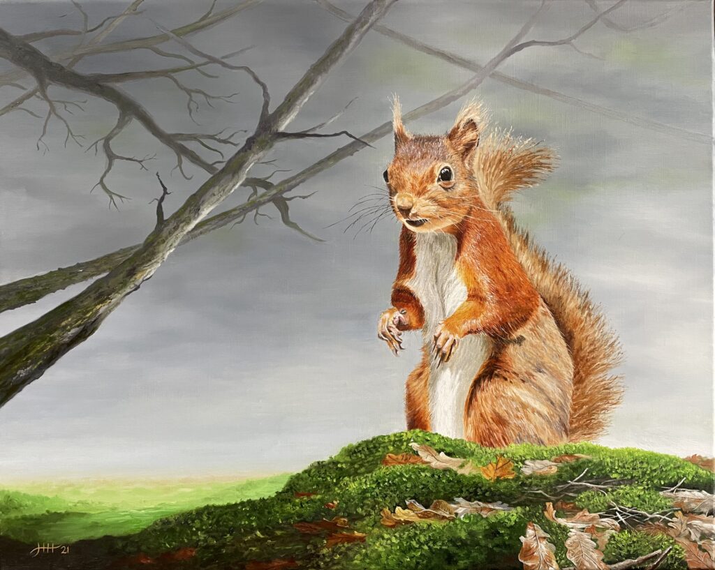 Schilderij eekhoorn in herfst herfstbladeren - Harry Huizing