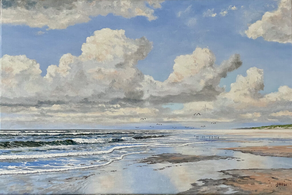 Schilderij zeegezicht zee wolken strand eiland kust een zomerse dag aan zee Harry Huizing