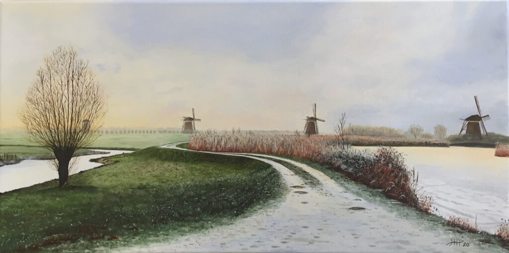Schilderij Kinderdijk molen molens in de winter winterlandschap