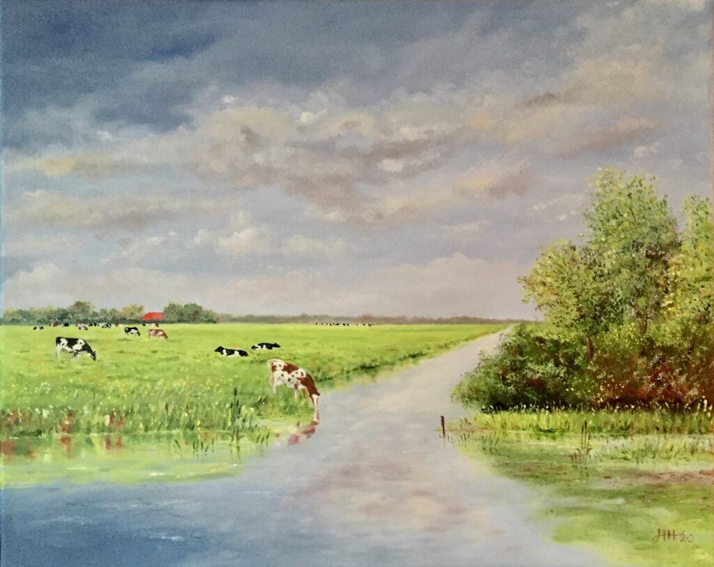 Schilderij koeien in landschap