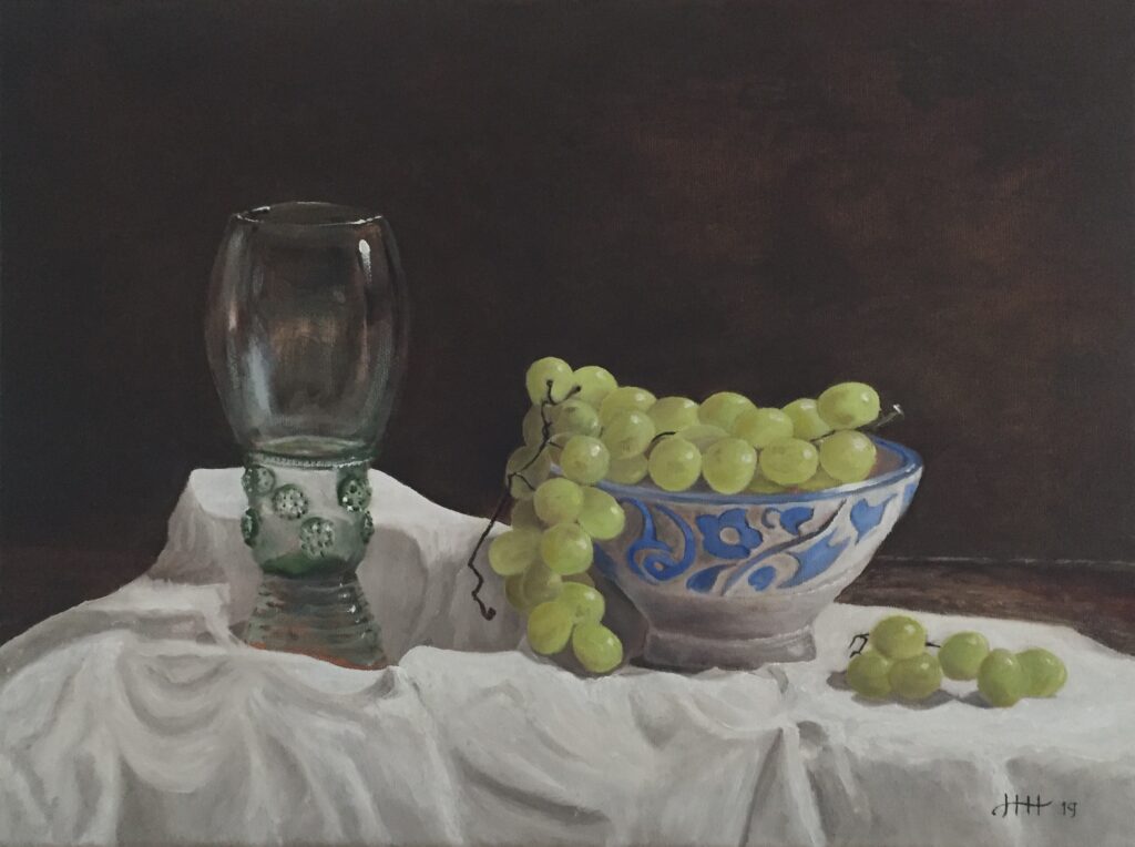 Schilderij stilleven roemerglas en druiven - Harry Huizing