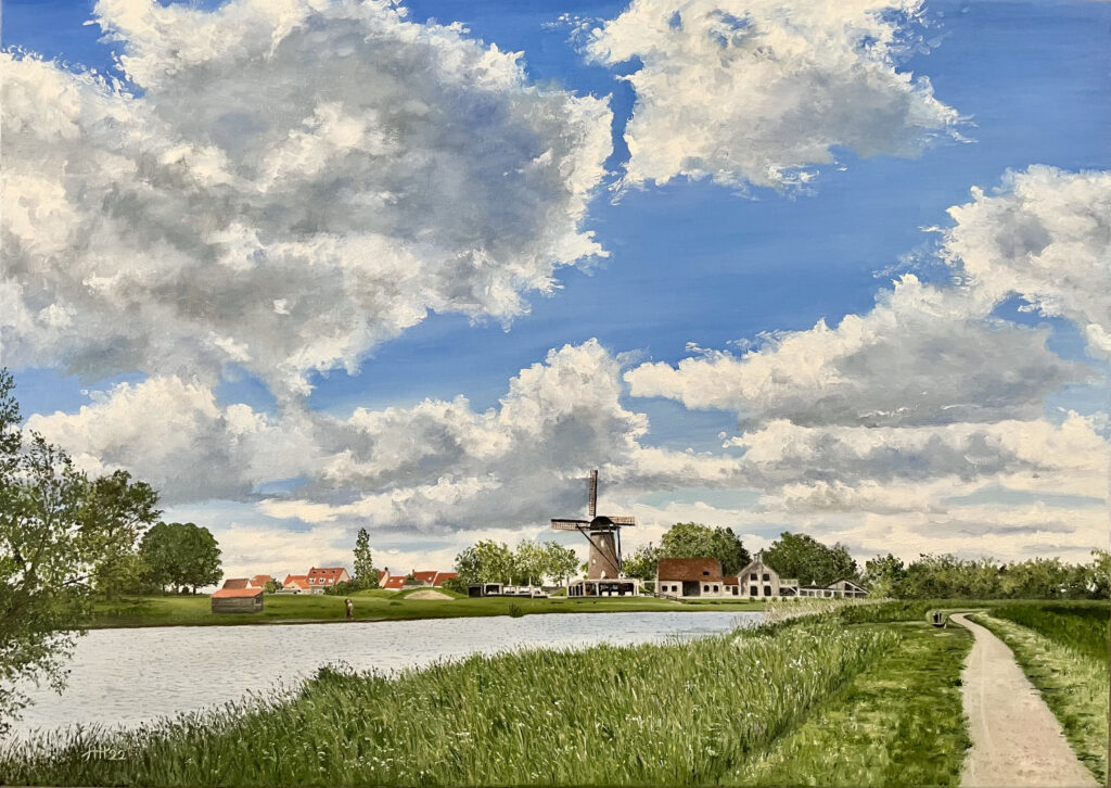 Schilderij Zeeland Schoondijke kreek molen meer wolkenlucht Harry Huizing