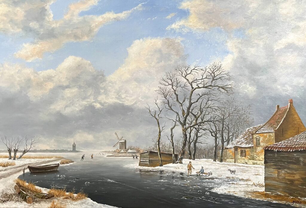 Schilderij winterlandschap Schelfhout winter molen knotwilgen knotwilg
