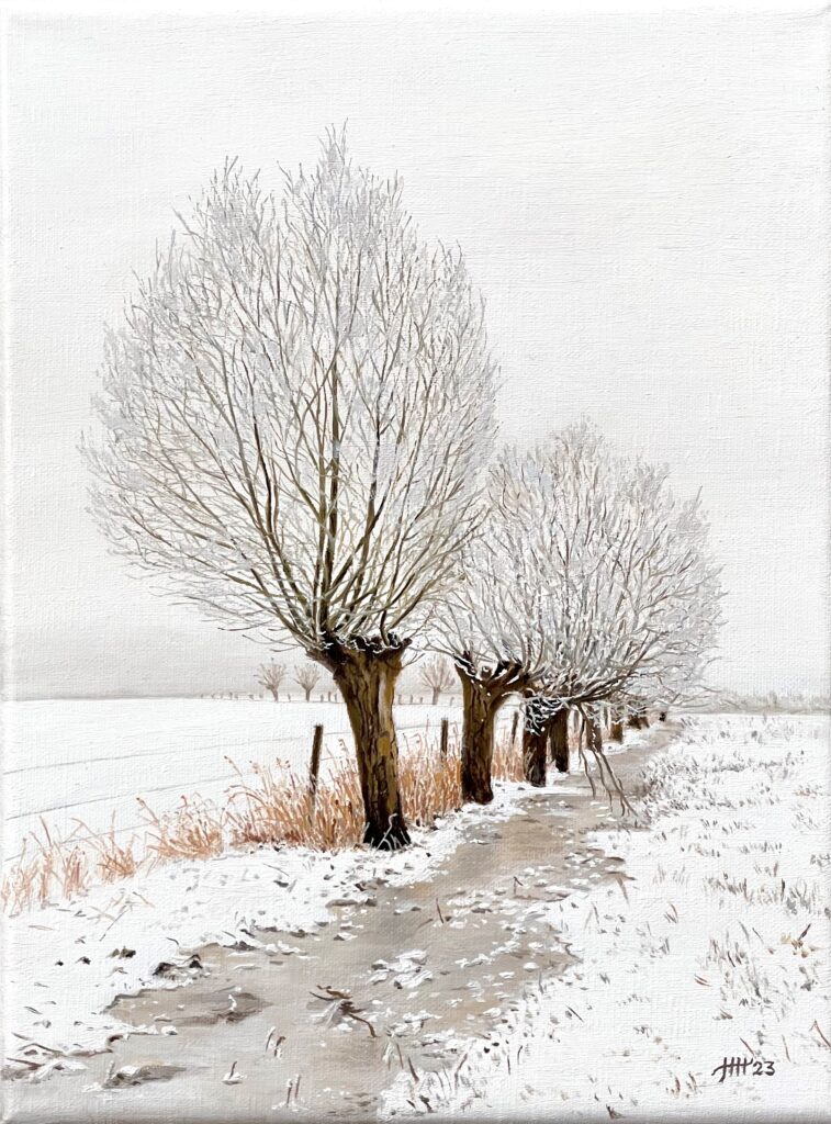 Schilderij knotwilgen in de winter sneeuw winterlandschap Harry Huizing