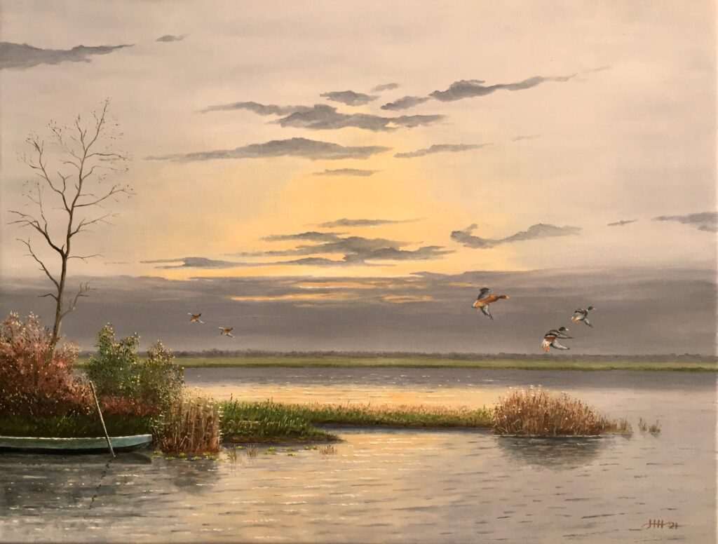 Schilderij eenden boven het meer weerribben Harry Huizing