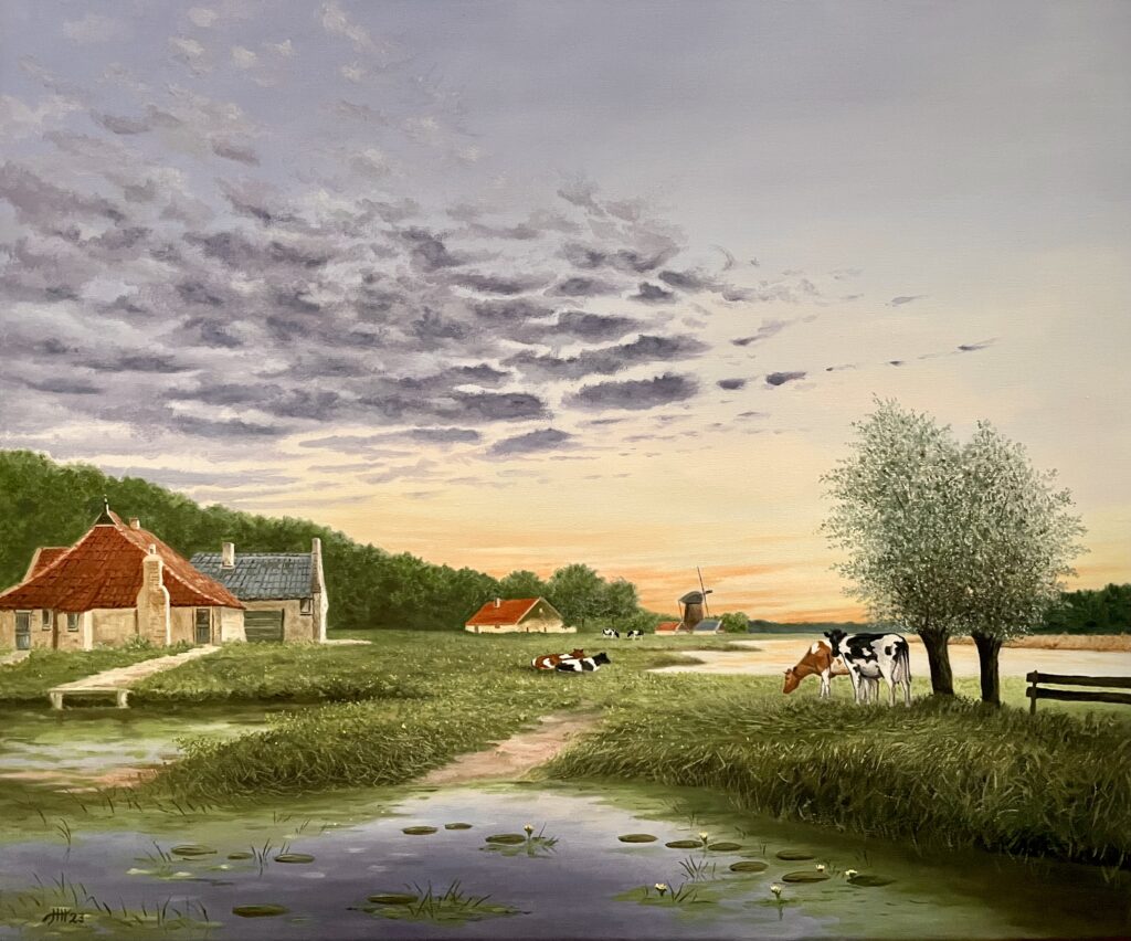 Schilderij koeien in de vroege ochtend zonsopkomst knotwilgen molen