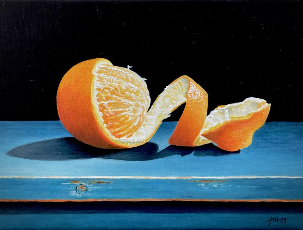 Schilderij stilleven minneola tangelo mandarijn met schil