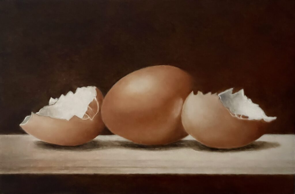 Schilderij stilleven ei en eierschalen Harry Huizing