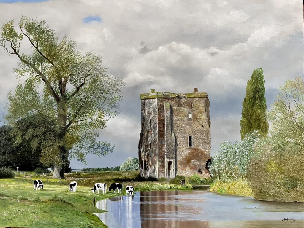 Schilderij meesters van het realisme ruine kasteel De Nijenbeek bij Voorst aan uiterwaarden van de rivier de IJssel Harry Huizing