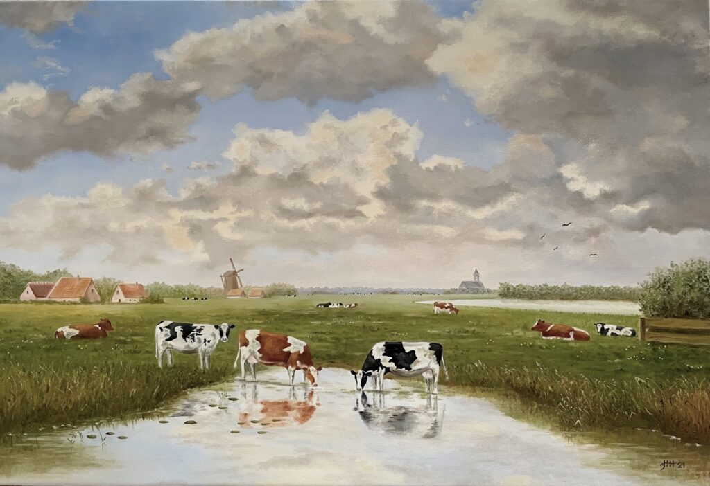 Schilderij Hollands landschap met koeien