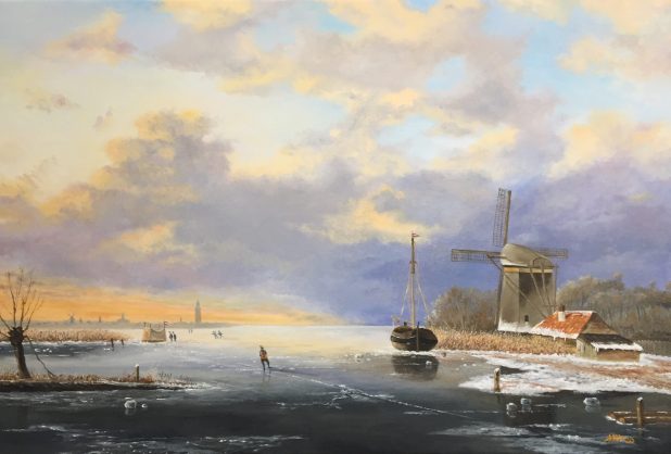 Schilderij winterlandschap met molen Harry Huizing